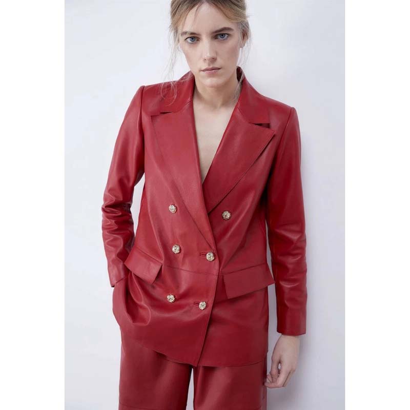 Womens Red Lambskin Leather Blazer Jacket