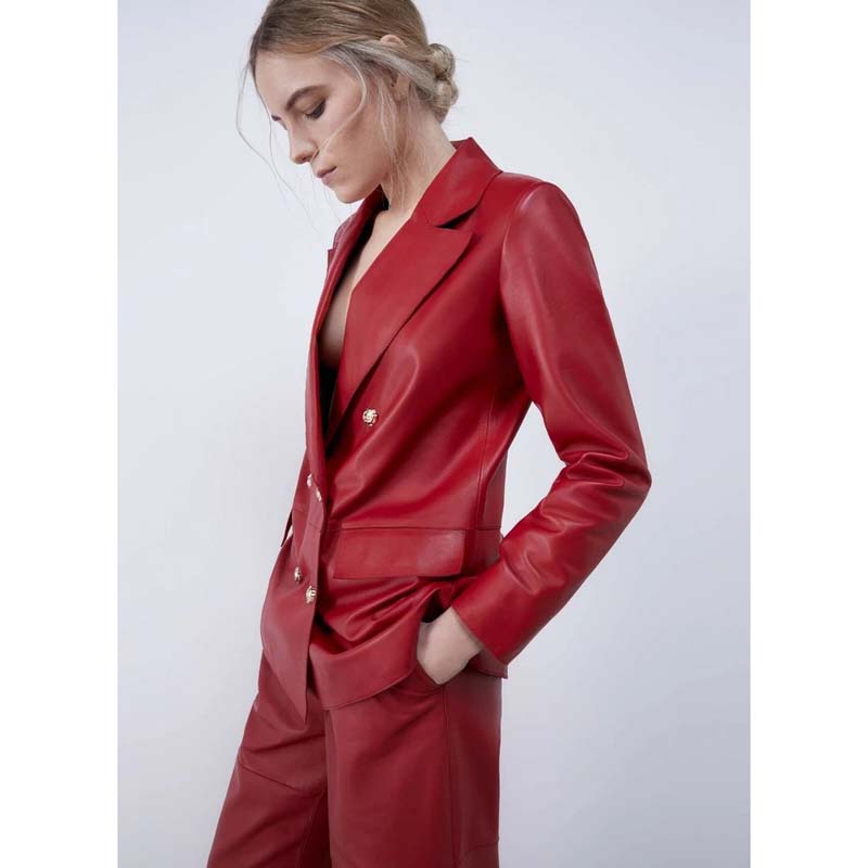 Womens Red Lambskin Leather Blazer Jacket