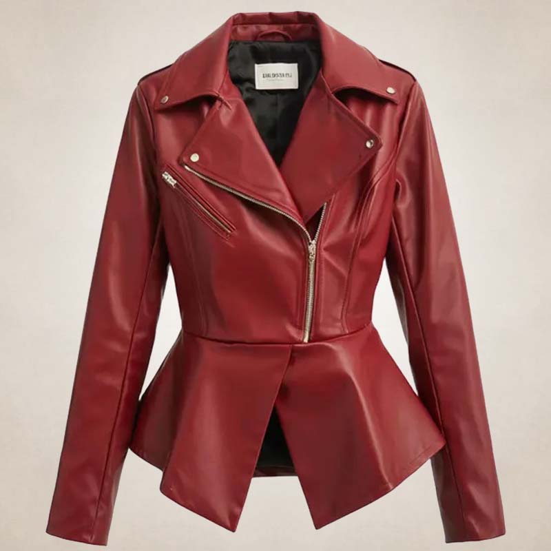 Women’s Red Peplum Leather Biker Jacket