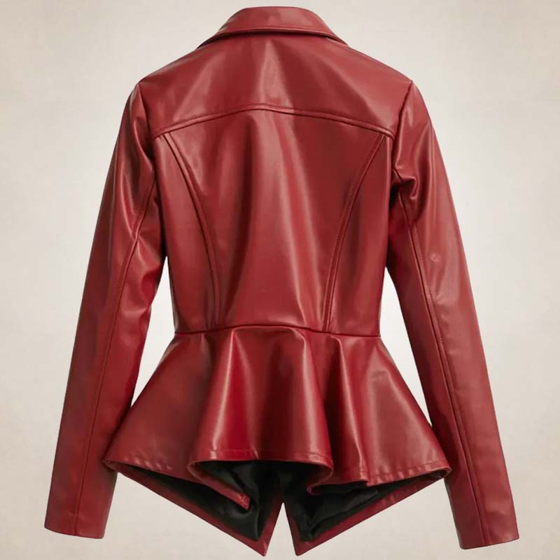 Women’s Red Peplum Leather Biker Jacket