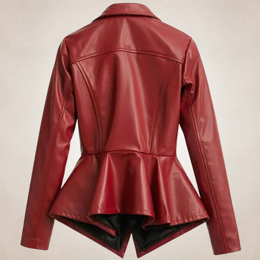 Women’s Red Peplum Leather Biker Jacket
