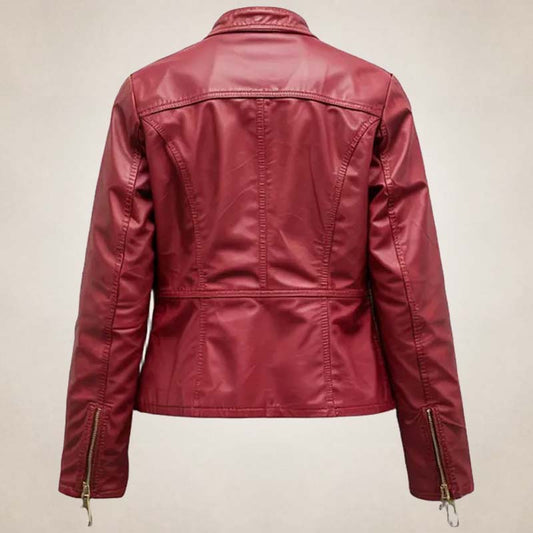 Women’s Red Real Leather Biker Jacket with Zipper Pockets