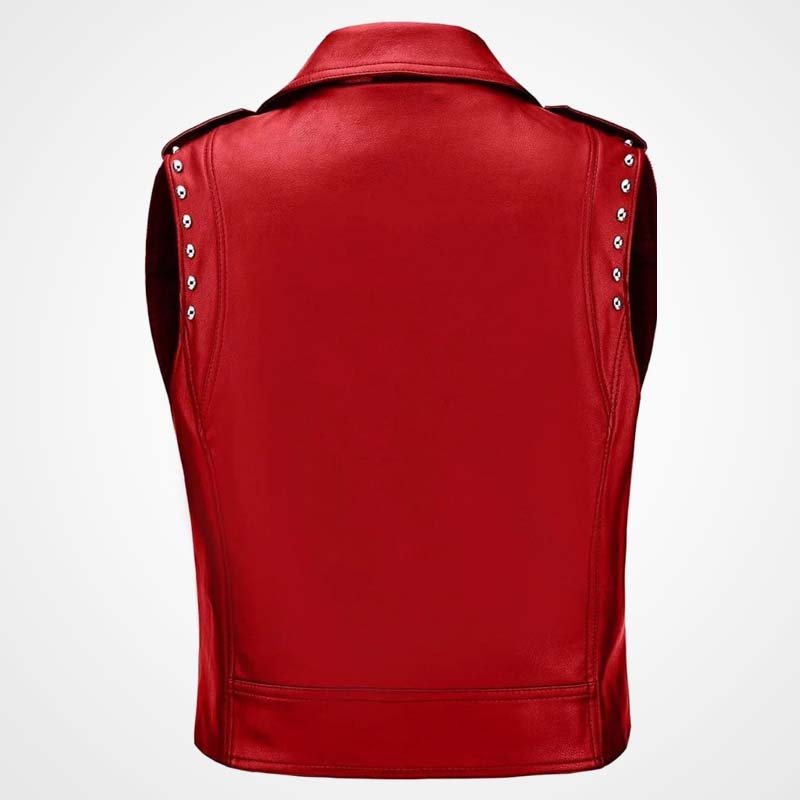 Women's Red Sheepskin Leather Biker Vest with Studded Accents