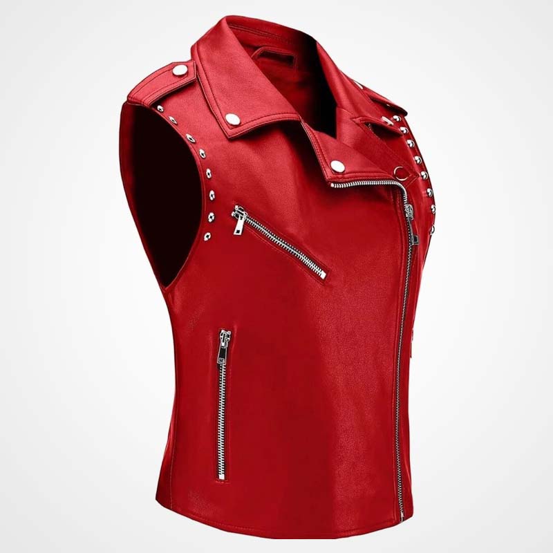 Women's Red Sheepskin Leather Biker Vest with Studded Accents