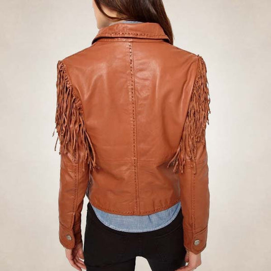 Women’s Vintage Brown Leather Jacket with Fringe Detailing