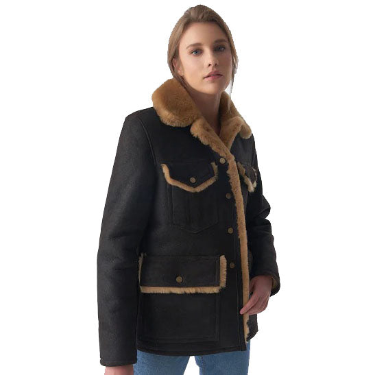 Women's Washed Brown Sheepskin Western Trucker Coat with Ginger Fur