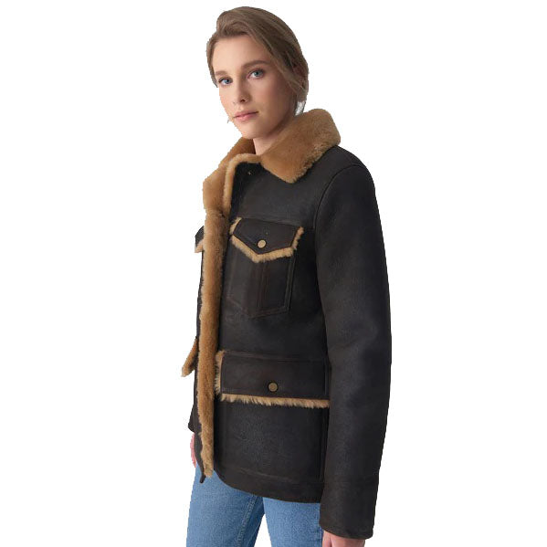 Women's Washed Brown Sheepskin Western Trucker Coat with Ginger Fur