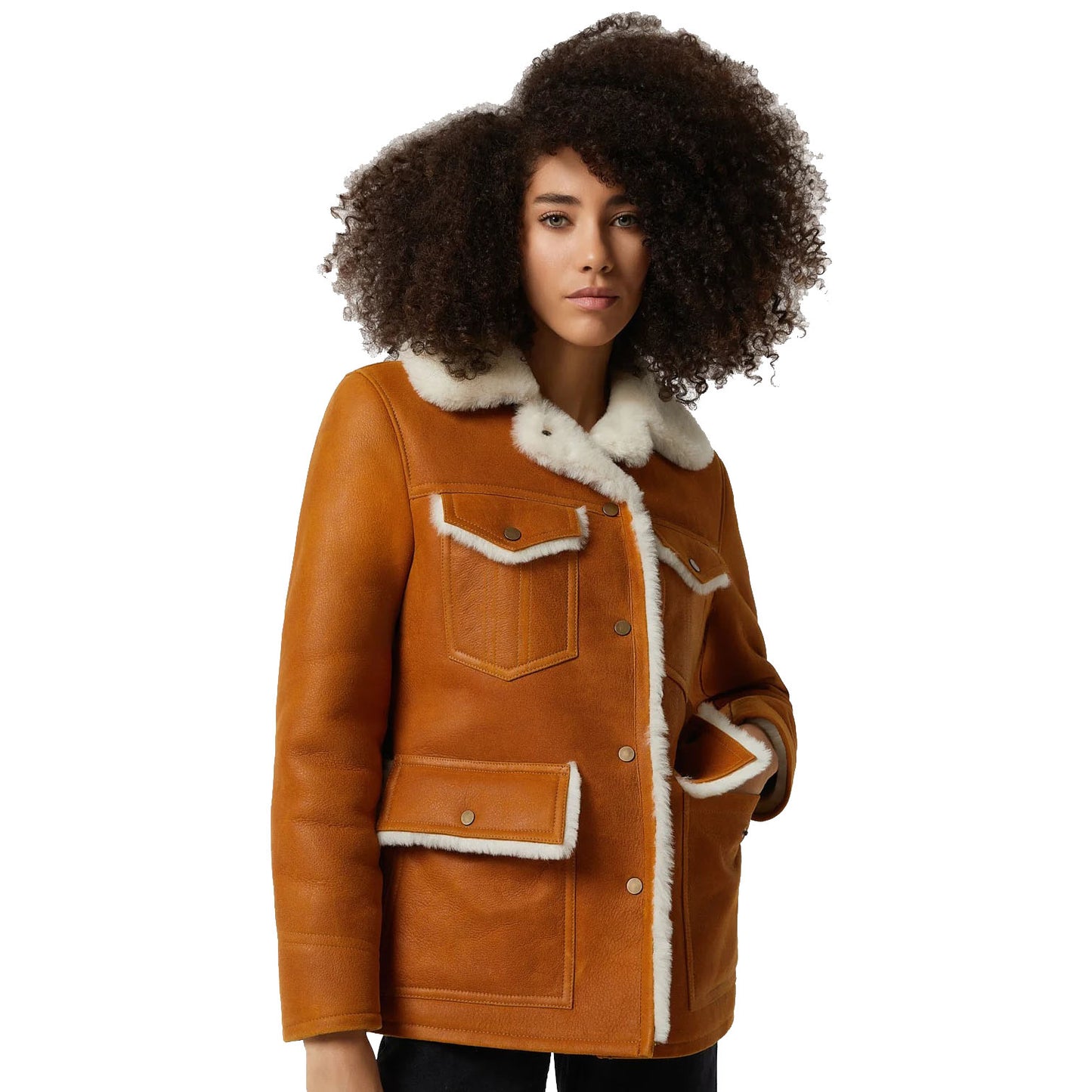 Women's Washed Tan Shearling Western Trucker Coat with White Fur