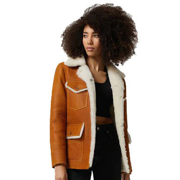 Women's Washed Tan Shearling Western Trucker Coat with White Fur