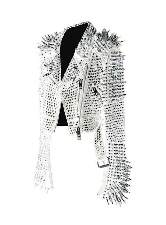 Women's White Genuine Leather Jacket with Silver Studs and Large Spikes – Punk Style Women's White Genuine Leather Punk Jacket with Spikes & Studs