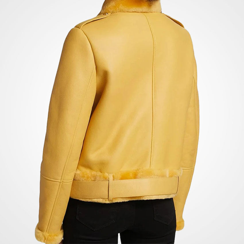 Women's Yellow Leather Moto Jacket with Shearling Trim