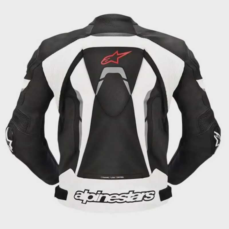 Back view of Alpinestars Men's Pro Armor Motorcycle Race Leather Jacket showing CE-certified back protector panel and seam construction by Jackets Kingdom
