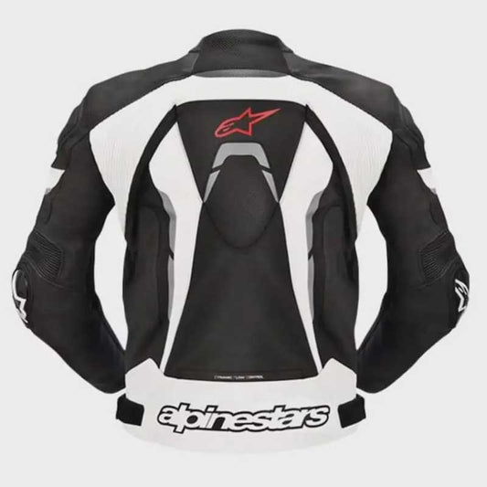 Back view of Alpinestars Men's Pro Armor Motorcycle Race Leather Jacket showing CE-certified back protector panel and seam construction by Jackets Kingdom