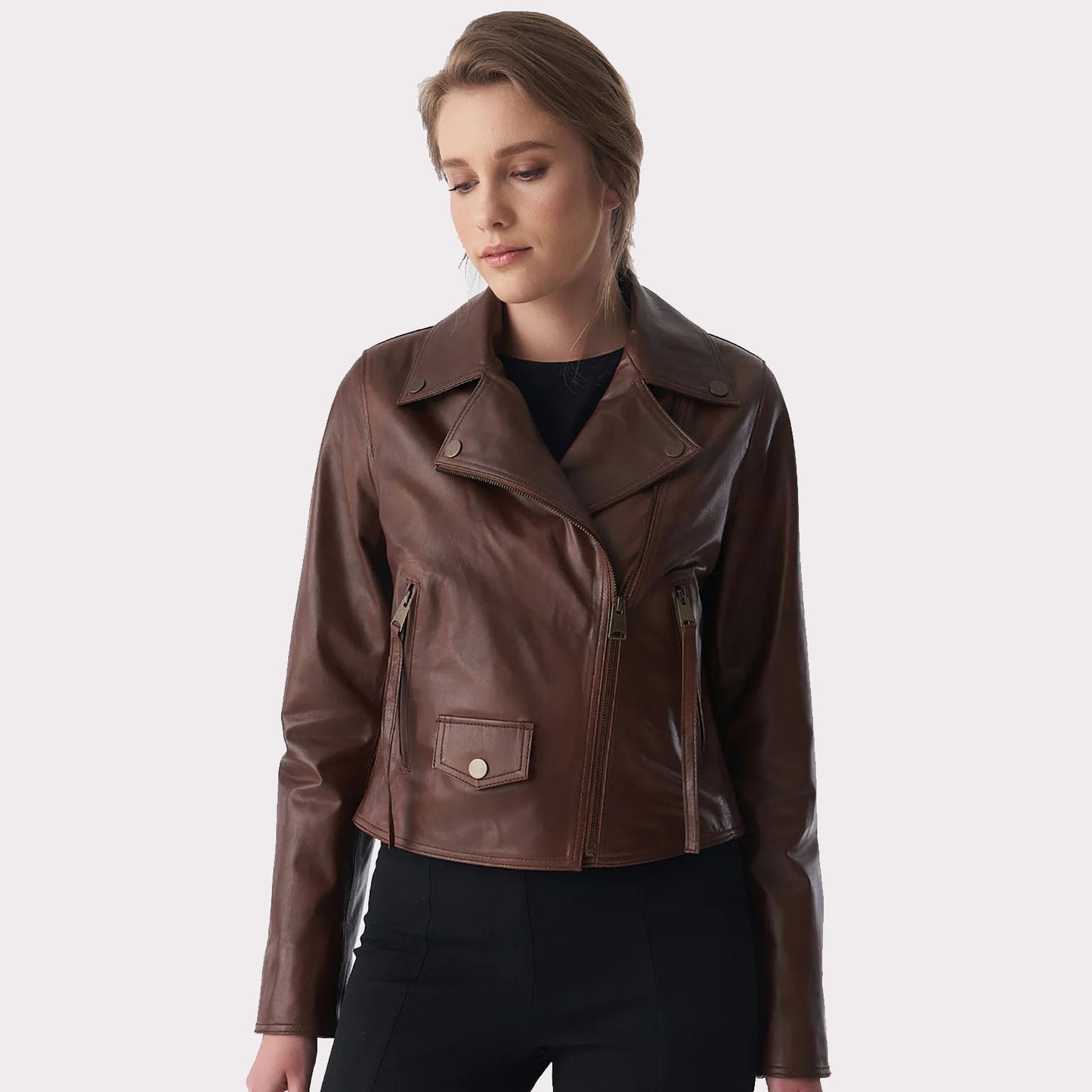 Antique Tan Brown Women's Classic Biker Leather Jacket