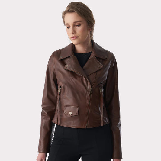 Antique Tan Brown Women's Classic Biker Leather Jacket Antique Tan Brown Women's Classic Biker Leather Jacket