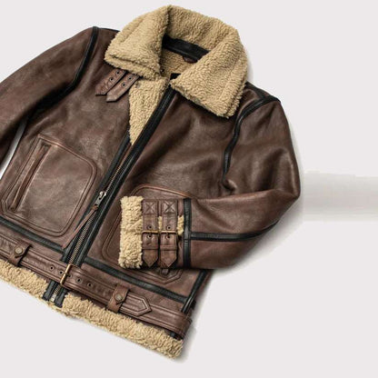 New Sheepskin Flying Fur Aviator Brown Shearling Leather Jacket For Men