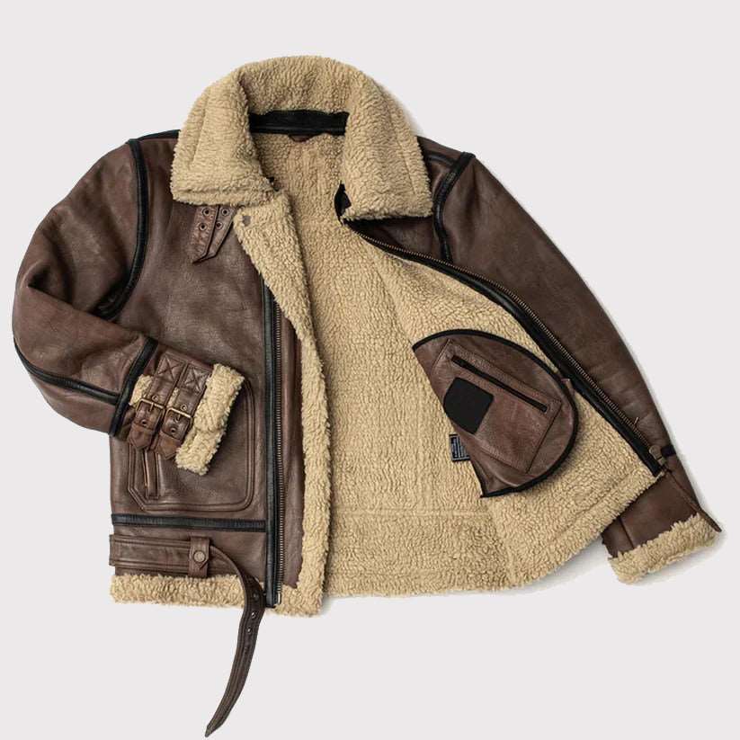 New Sheepskin Flying Fur Aviator Brown Shearling Leather Jacket For Men