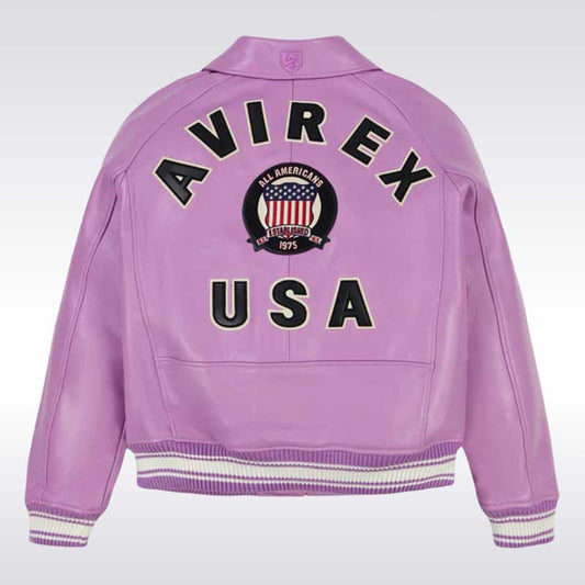 Avirex Men’s Purple Leather Varsity Bomber Jacket with USA Patch