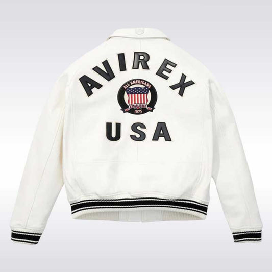 Avirex USA White Varsity Bomber Jacket with Crest Back