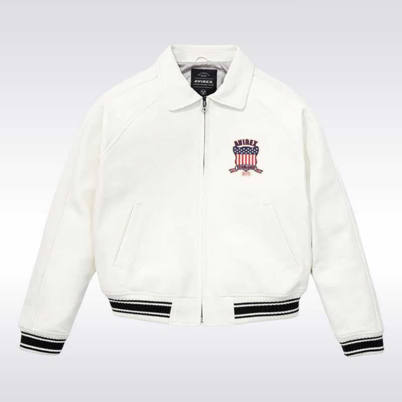 Avirex USA White Varsity Bomber Jacket with Crest