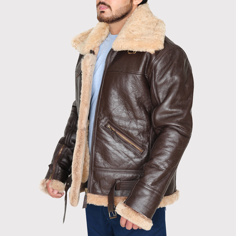 b3 brown shearling bomber jacket men