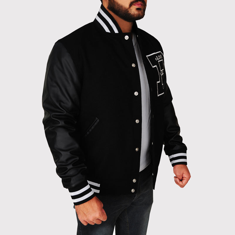 BBC Letterman Black Varsity Jacket with Leather Sleeve