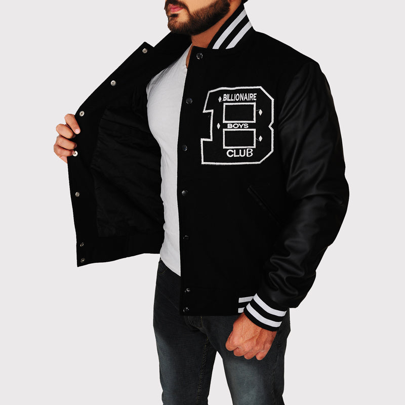 BBC Letterman Black Varsity Jacket with Leather Sleeve