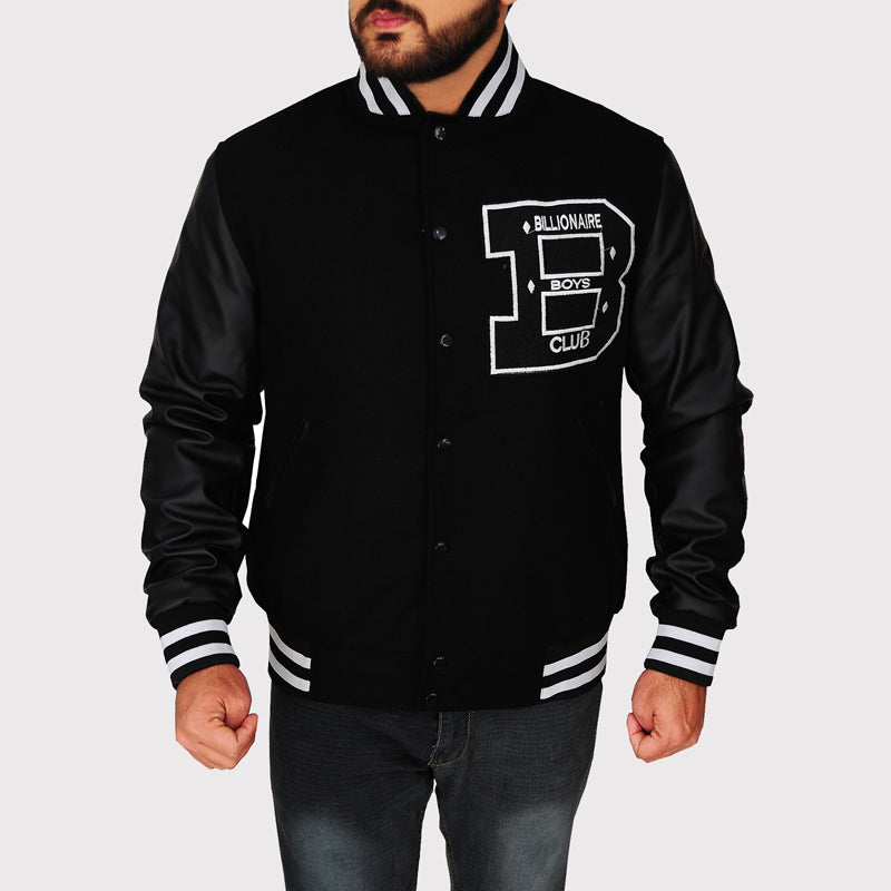 BBC Letterman Black Varsity Jacket with Leather Sleeve