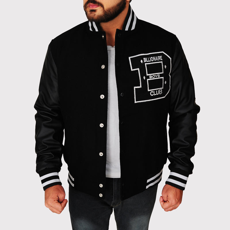 BBC Letterman Black Varsity Jacket with Leather Sleeve