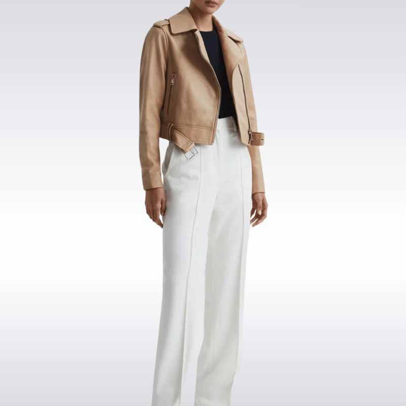 Beige Lambskin Leather Biker Jacket for Women