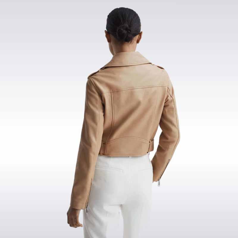 Beige Lambskin Leather Biker Jacket for Women