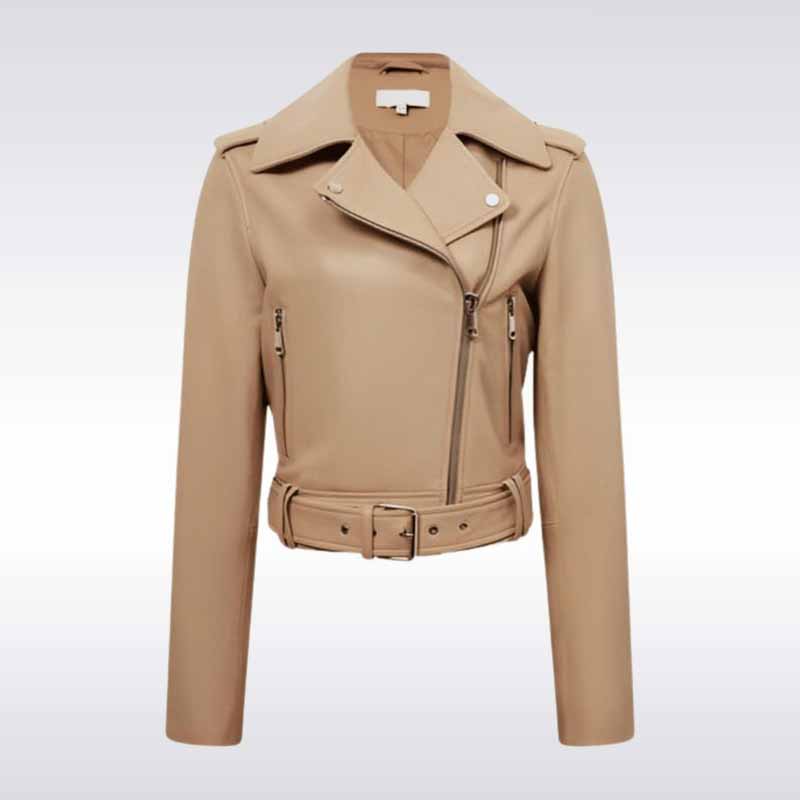 Beige Lambskin Leather Biker Jacket for Women