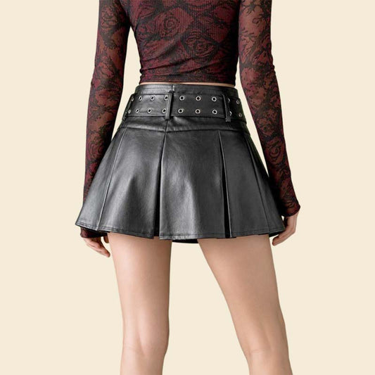 Best gothic high waist black leather pleated mini skirt by Jackets Kingdom