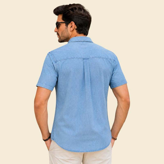 Best light blue cotton denim shirt for men with vertical stitch detail