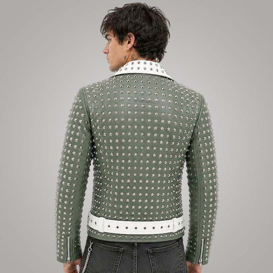 Best men's olive green punk leather jacket with silver stud detailing and handmade craftsmanship