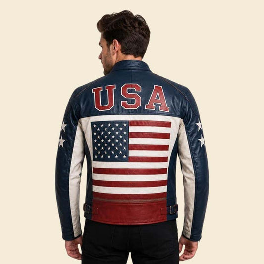 Best patriotic biker leather jacket navy red white by Jackets Kingdom