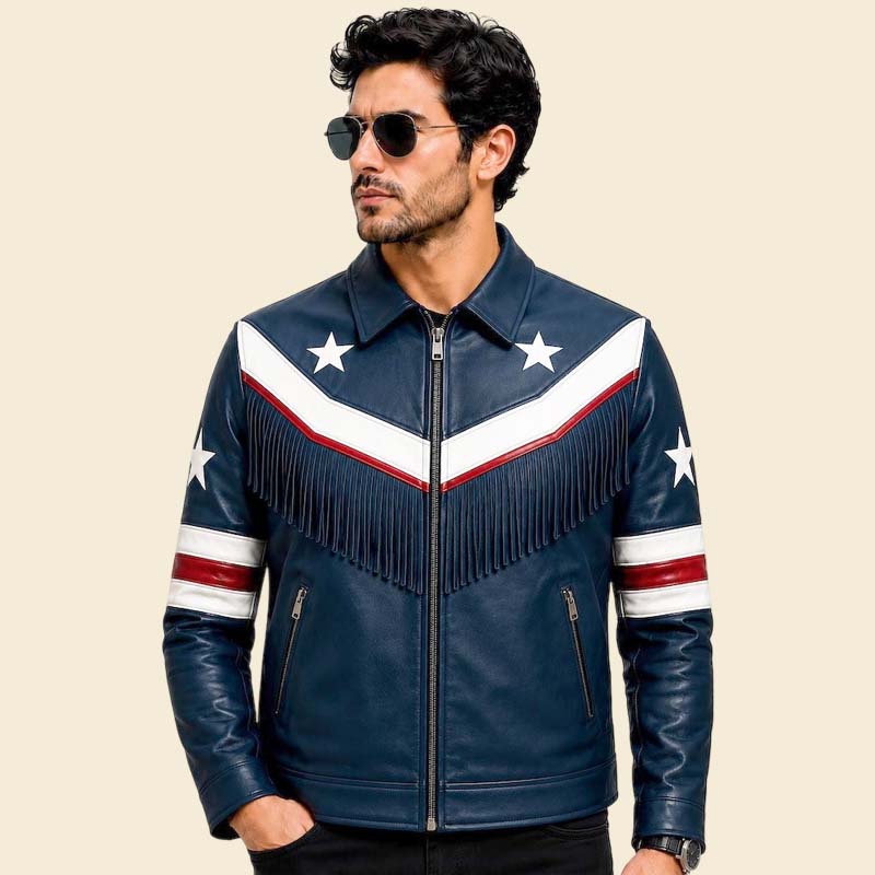 Best patriotic fringe biker jacket men navy red white by Jackets Kingdom