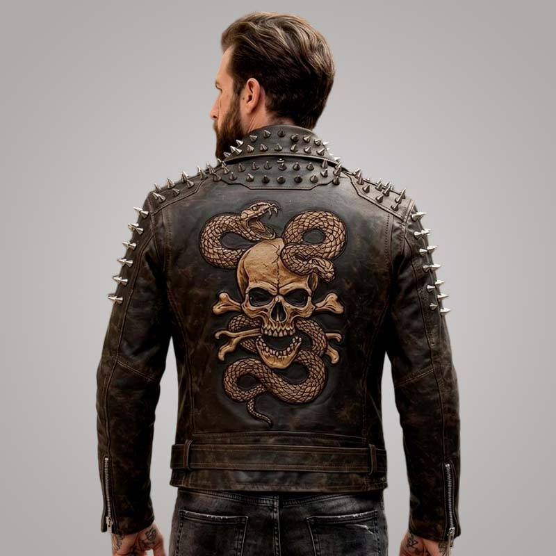 Best punk biker leather jacket in distressed genuine leather with skull artwork by Jackets Kingdom