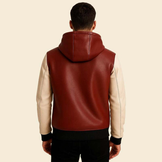 Best red and white sheepskin leather hoodie modern fit by Jackets Kingdom