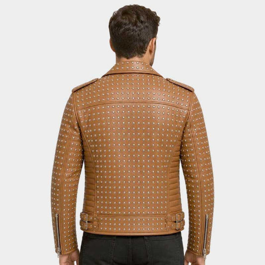 Best studded brown leather jacket for sale featuring classic biker fashion by Jackets Kingdom