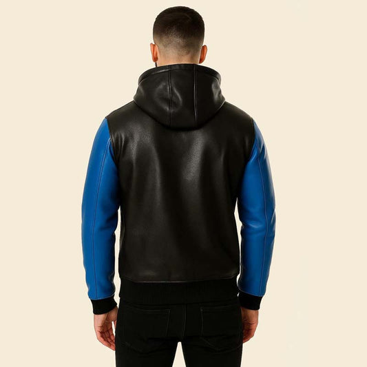 Best two tone sheep leather hoodie jacket with black hood and blue sleeves by Jackets Kingdom