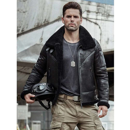 Black B3 Shearling Flight Jacket Aviator Winter Coat