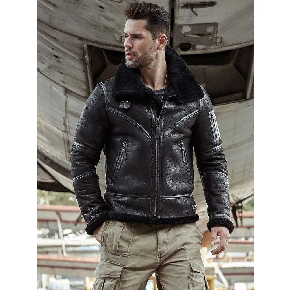 Black B3 Shearling Flight Jacket Aviator Winter Coat