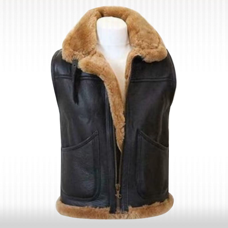 Black Leather Sheepskin Gillet Vest - Shearling Vest For Men