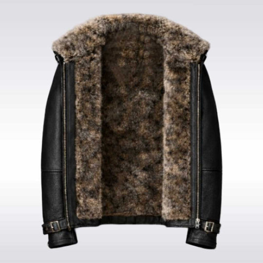 Men's Black Leather Sherpa Biker Jacket