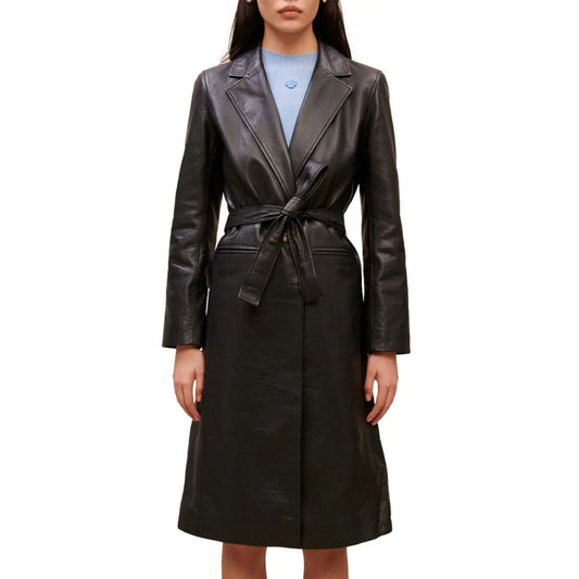 Classic Black Leather Trench Coat for Women Women's Black Leather Trench Coat - Timeless Style