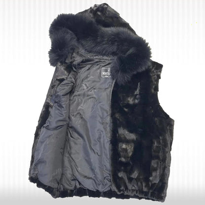 Black Mink Diamond Cut Fox Fur Hooded Vest