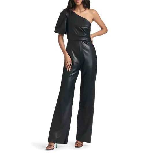 Black One Shoulder Flared Leather Jumpsuit for Women Black One Shoulder Flared Leather Jumpsuit for Women