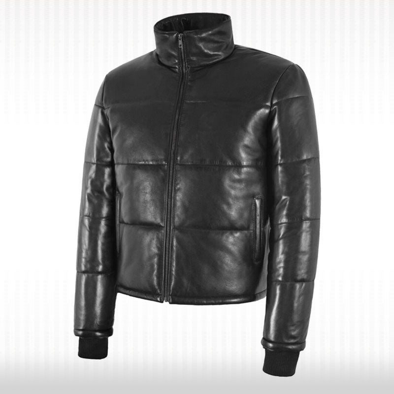 Black Real Leather Puffer Jacket - Short Padded Winter Jacket