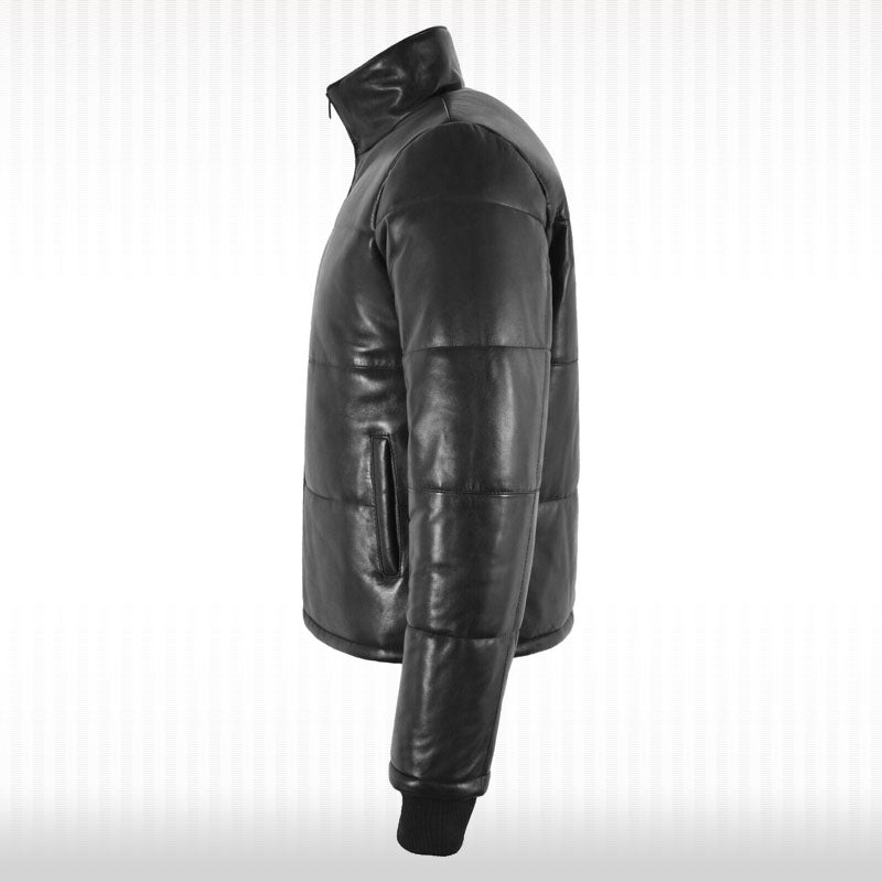Black Real Leather Puffer Jacket - Short Padded Winter Jacket